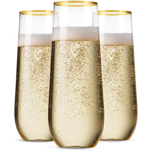 Munfix 48 Pack Stemless Plastic Champagne Flutes Disposable 9 Oz Gold Rim Clear Plastic Toasting Glasses Shatterproof Recy...