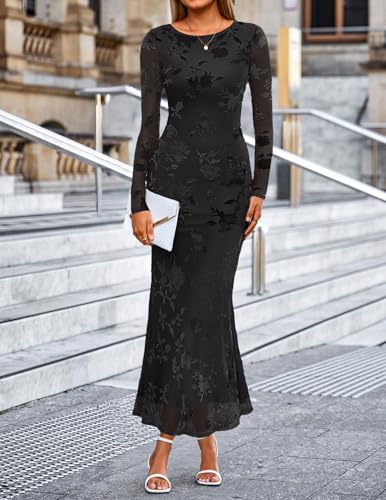 MEROKEETY Women's 2026 Spring Wedding Guest Maxi Dress Long Sleeve Bodycon Floral Mesh Fall Cocktail Formal Party Dresses