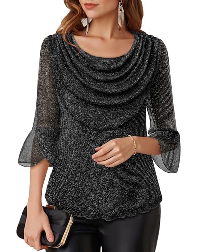 Lotusmile Blouses for Women Dressy Casual 3/4 Sleeve Cowl Neck Sparkly Tops Cocktail Shirts for Evening Party
