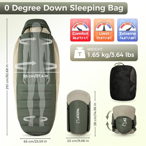 ATEPA 0 Degree Sleeping Bag, 700FP 15°F 20°F 23°F 30°F Down Mummy Cold Weather Double Lightweight Wide XL Sleeping Bags wi...