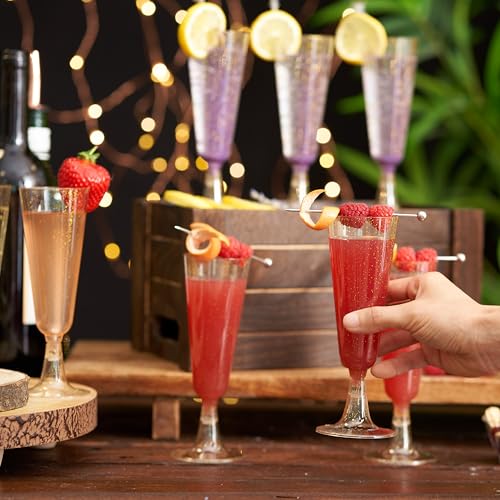 MATANA 50 Premium Plastic Champagne Flutes, Gold Glitter, 5oz - Reusable Cocktail Glasses for Mimosa, Dessert, Wine - Toas...