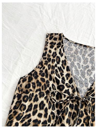 WDIRARA Women's Leopard Print Bow Tie Front Vest Sleeveless V Neck Crop Tank Top