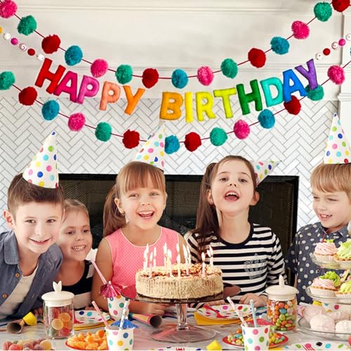 Pre-Strung Happy Birthday Banner - Felt Ball Garland - Reusable HAPPY BIRTHDAY Garland, Rainbow Party Decorations, Persona...