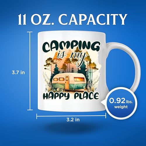 Bliss Monkey Co. Camping is My Happy Place Coffee Mug - Adventure Camper Mug - Outdoor Enthusiast 11 Ounce Coffee Cup - Pr...