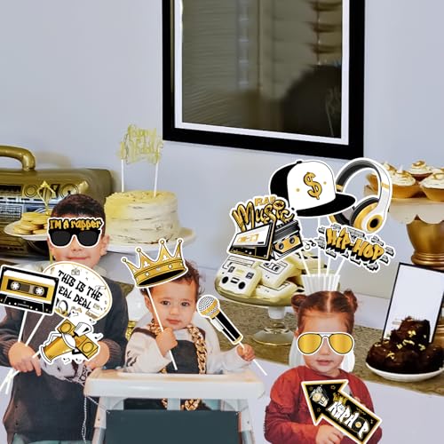 Cheereveal Golden and Black Hip Hop Photo Booth Props - 24 Pieces Retro Rock and Roll 90s Disco Music Themed Birthday Bach...