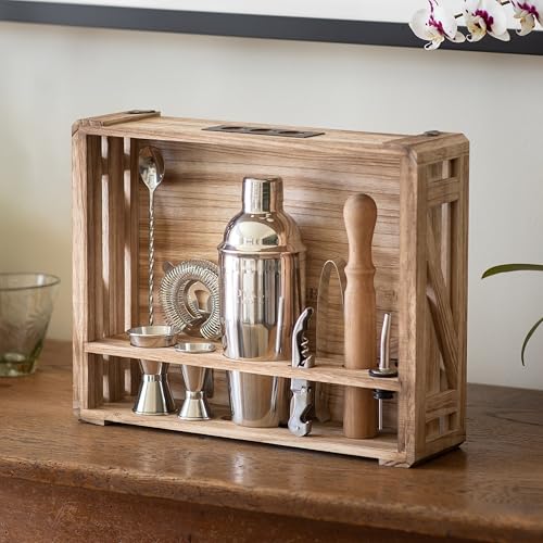 Cocktail Mixology Bartender Kit with Rustic Wood Stand - 11 Piece Bartender Bar Tool Set Cocktail Drink Mixer Shaker Set f...