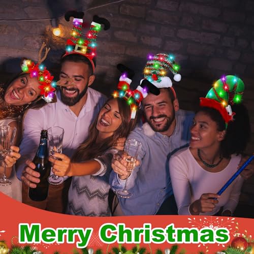 Zeyune 16 Pcs Christmas LED Headbands Xmas Tree Costume Headwear Reindeer Elf Hats Headband Light up for Party