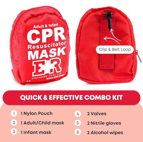 Adult and Infant CPR Mask Combo Kit – 4-Pack – 8 Valves, 4 Gloves, 8 Alcohol Pads – Latex-Free, Portable Pouch for First R...