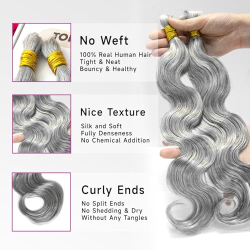 Human Braiding Hair for Boho Braids, Body Wave Bulk Salt and Pepper Human Hair 100g 2 Bundles/Pack Brazilian Virgin Hair No Weft Wet and Wavy Gray Hair Extensions for Black Women 20 Inch