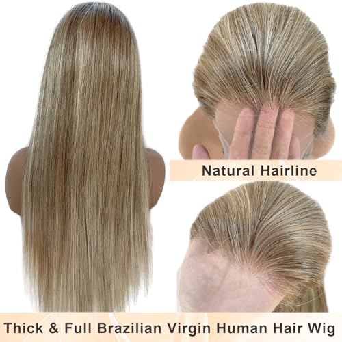Highlight Ombre Ash Blonde Lace Front Wig Human Hair for White Women, 13x4 Invisible Lace Lace Frontal Wig Pre Plucked Natural Hairline Full 180% Density Real Human Hair Glueless Wigs with Brown Roots