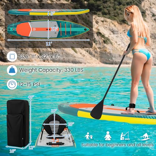 GYMAX Paddle Board, Inflatable SUP with Kayak Seat, Camera Mount, Direction Fin Paddle & Carry Backpack, Extra Wide Below ...