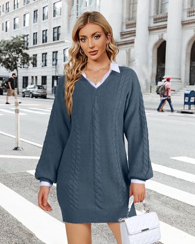 VAFOLY Women's Pullovers Jumper Sweaters Lantern Sleeve Casual V Neck Fall Knit Mini Sweater Dresses