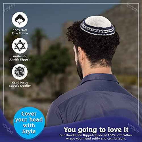 Pack of 5-Pcs - Hq Mix Colors Handmade Knitted Kippah for Men Boys and Kids, Yamaka Hat from Israel - Kippot Bulk (Mix Lines, 17CM Flat)