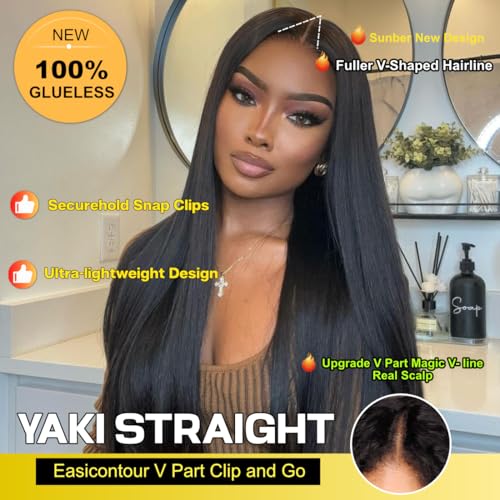 Sunber Yaki Straight V Part Human Hair Glueless Wig Upgrade U Part Wig No Leave Out Vpart light yaki straight Machine Made Clip In Half Wigs No Leave Out Real Scalp V Shape 150% Density 20Inch