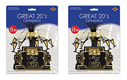 Beistle Pop Fizz Cheers Centerpieces – 2-Pack Art Deco Table Decorations in Black and Gold for Roaring Twenties Parties, N...