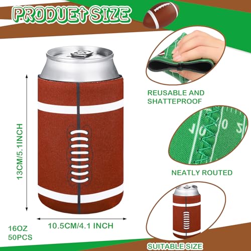 Domensi 50 Pcs Football Party Favors 16oz Beer Can Sleeves Reusable Beer Holder Party Decoration Soda Can Coolers Coozie f...