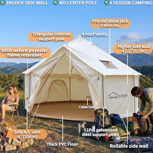 DANCHEL OUTDOOR B6 Luxury Glamping Wall Tent w/Stove Jack, No Center Pole, Higher Side Wall, 900D Flame Retardant Oxford f...