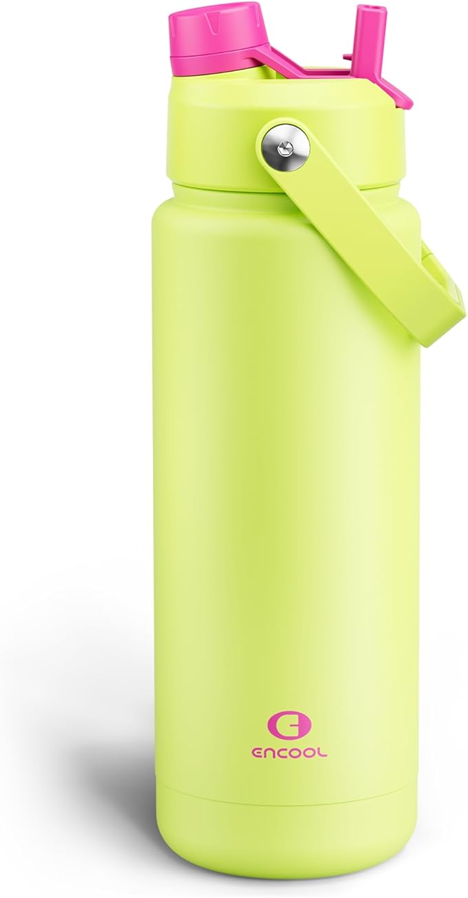 ENCOOL Insulated Water Bottle with Straw Stainless Steel Water Bottle, Leak-Proof, BPA-Free, Double Wall Vacuum Keeps Cold for 24 Hours for Sports, Travel, School (32 oz, Acid Green)