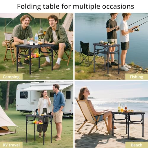 Anbte Folding Camping Table with Storage Net, Pure Black Aluminum 2ft Picnic Table 23.2" x 16" Outdoor Table Adjustable He...