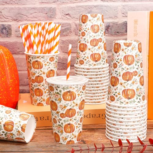 FYSUIMU 50 Set Fall Thanksgiving Disposable Coffee Cup with Lids and Straws 16Oz Rustic Watercolor Pumpkin Floral Paper Dr...