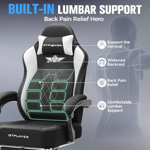 GTPLAYER Big and Tall Gaming Chair Breathable Fabric Computer Chair with Strong Lumbar Support, Comfortable Office Chairs ...
