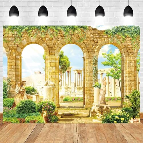 ASDCXZ 7x5ft Romantic Greece Palace Garden Backdrop Ancient Stone Arch Photography Background Green Leave Vines Statues An...
