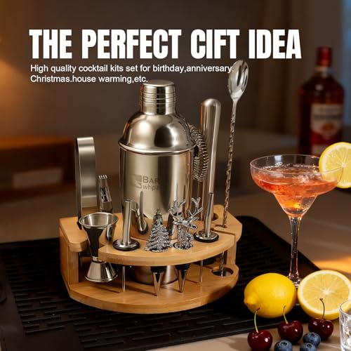 Silicone Pad Included Cocktail Shaker Set Bartender Kit,Mixology Bartender Kit 13-Piece with Bamboo Stand,Martini Shaker K...