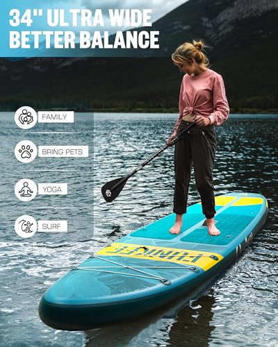 FUNKEE 11’×34"×6" Extra Wide Inflatable Stand Up Paddle Board, Sup Board with Removable Fins, Backpack, Floating Paddle, S...