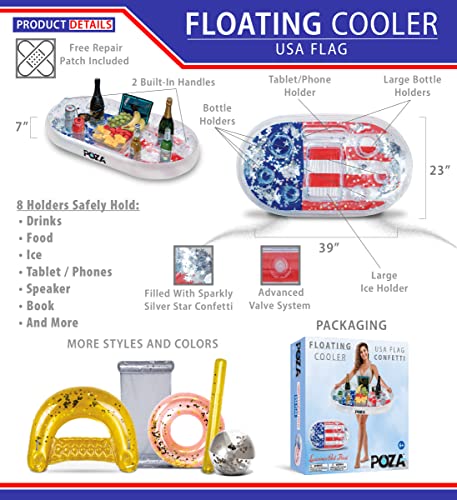 POZA Inflatable USA Pool Float - Luxurious Fun Lounger Filled with Sparkle Silver Stars Confetti, Cool USA Flag Design Wat...