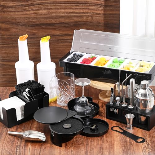 Mifoci 28 Pcs Bartender Kit, Garnish Tray for Bartenders with Lid Bar Caddy, 3 Tier Glass Rimmer, 17 Pcs Margarita Cocktai...