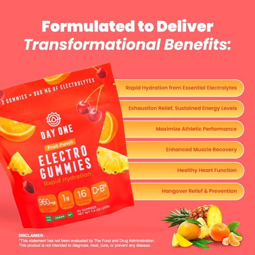 Day One Electrogummies - 60pcs. of Fruit Punch Flavored Electrolyte Gummies for Hydration and Recovery - Packed with Essen...