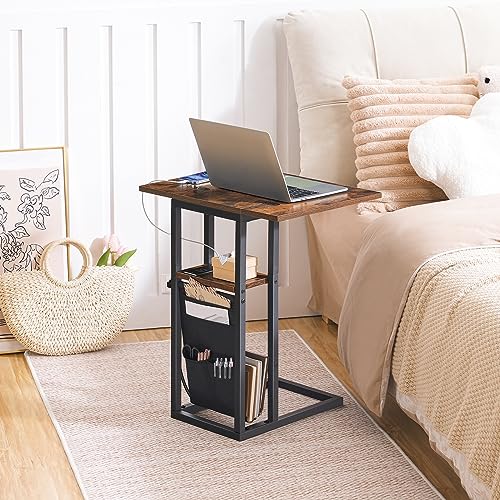 HOOBRO Foldable End Table with Charging Station, C Shaped Side Table with Storage Bag, Slide Under Sofa Couch Table for Sm...