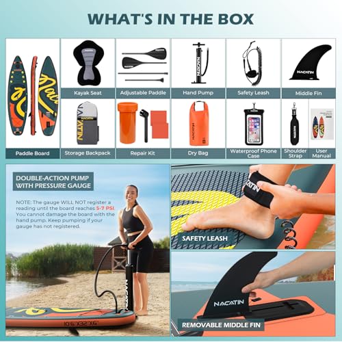 NACATIN Inflatable Stand Up Paddle Board with Kayak Seat,10'6"Upgrade Version Blow Up Paddle Boards for Adults with Premiu...