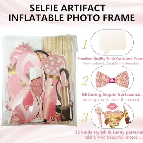 33PCS Glitter Birthday Photo Booth Props, LMSHOWOWO Rose Gold Party Photobooth Props Fun Selfie Props with Lips, Crowns, F...