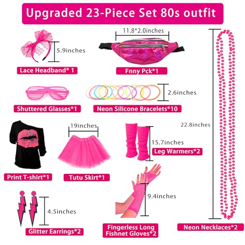 Upgraded 80s Outfit Costume for Women,80s Party Costume Accessory Sets with T-Shirt Tutu Skirt Waist Pack etc