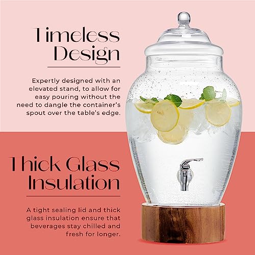American Atelier Madera Beverage Dispenser Cold Drink Dispenser w/ 3-Gallon Capacity Glass Jug, Leak-Proof Acrylic Spigot ...
