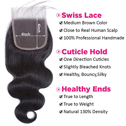 Flady Body Wave Brazilian Virgin Human Hair 3 Bundles With Closure - 12A Unprocessed 100% Virgin Hair