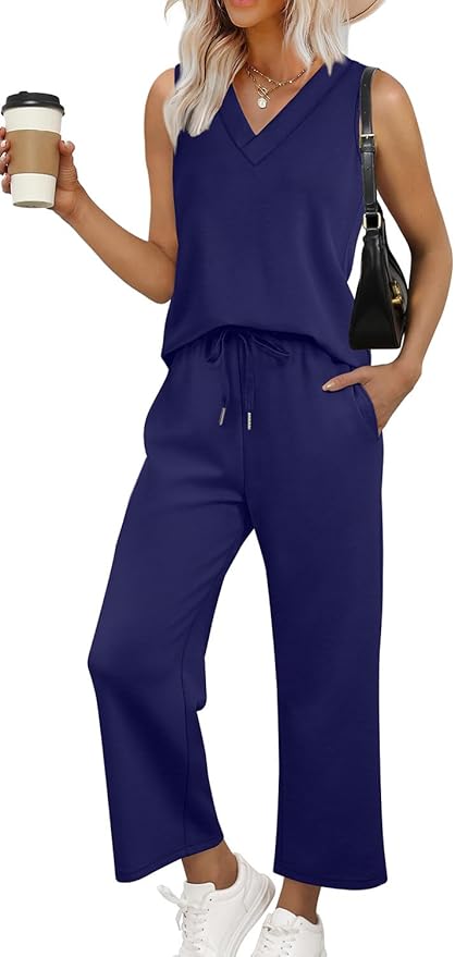 WIHOLL Two Piece Sets for Women Summer Outfits Matching Lounge Sets Wide Leg Crop Pants Vacation Travel