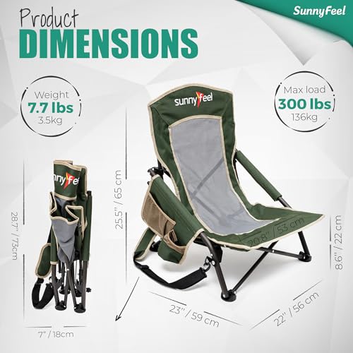 SUNNYFEEL Folding Low Camping Beach Chair 2 Pack, Lightweight Portable Lawn Chair with Mesh Back, Cup Holder for Outdoor/T...