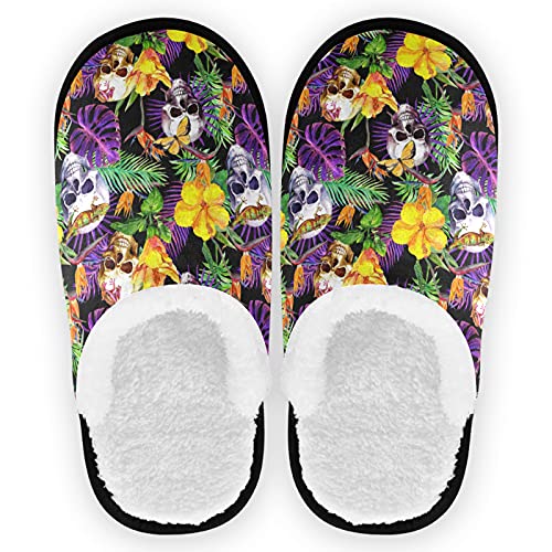 visesunny Skull Tropical Exotic Flower Cozy Fuzzy Womens Memory Foam House Slippers Plush Fleece Indoor Outdoor Slipper
