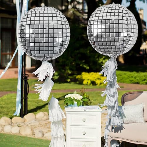 OuMuaMua Disco Ball Balloons for 70s Disco Party Decor, 22 Inch Large 4D Metallic Silver Disco Balloons with Stars Balloon...