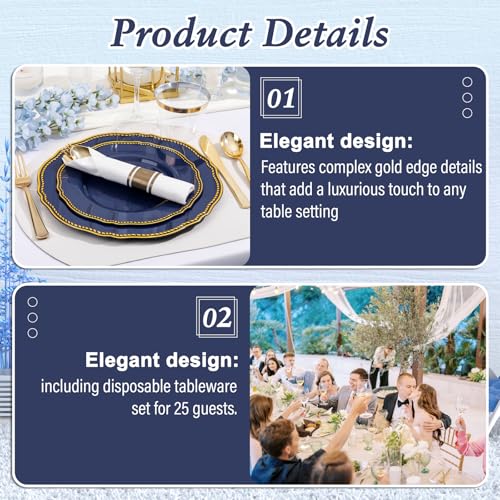 Hioasis 175pcs Blue Gold Plastic Plates - Gold Plastic Dinnerware Set Includes 25 Dinner Plates, 25 Dessert Dinnerware, 25...