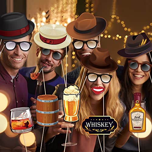 Qpout 30pcs Whiskey Party Photo Booth Props with Sticks, Oktoberfest Photo Booth Props, Men Women Holiday Whiskey Beer Bar...
