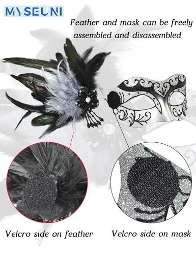 MYSEUNI Silver Masquerade Mask for Couples -Masquerade Masks for Women with Feathers & Venetian Half Mask Halloween for Ma...