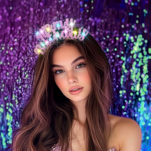 Uranian Light Up Birthday Headbands and Sash Led Rhinestone Crowns Birthday Hairbands Party Favor Hair Accessories for Women