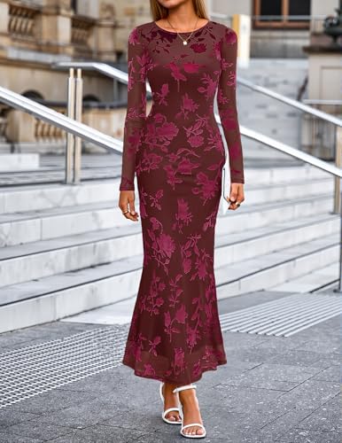 MEROKEETY Women's 2026 Spring Wedding Guest Maxi Dress Long Sleeve Bodycon Floral Mesh Fall Cocktail Formal Party Dresses
