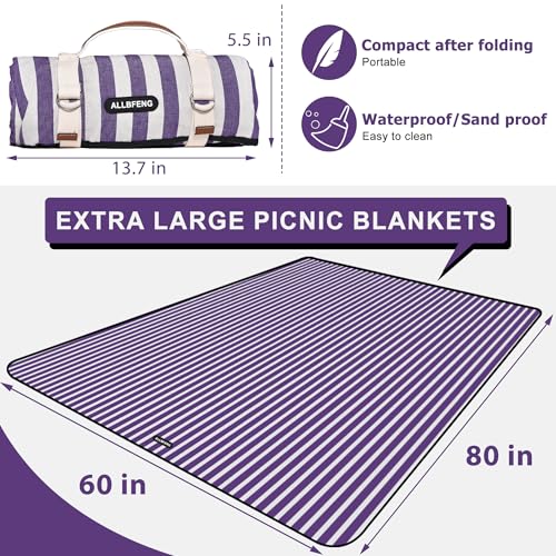 ALLBFENG 60”x 80” Picnic Blanket Waterproof and Foldable Beach Blanket, 5-Layer Outdoor Mat with Carry Strap for 6 to 8 Ad...