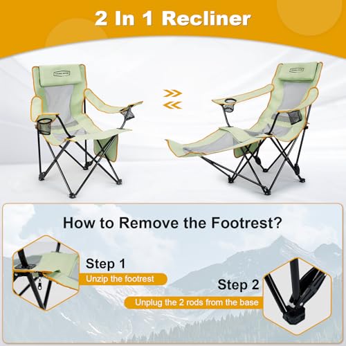 YOUNG WOOD Camping Lounge Chair, Portable Reclining Camping Chair with Foot Rest, Folding Camping Chair for Adults, Headre...