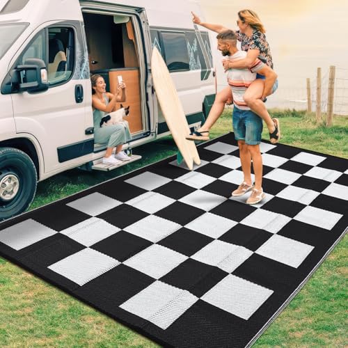 GarveeLife Waterproof Outdoor Rug 9x12 Modern Checkered Reversible Outdoor Mat Lightweight Plastic Straw Rug UV Resistant ...