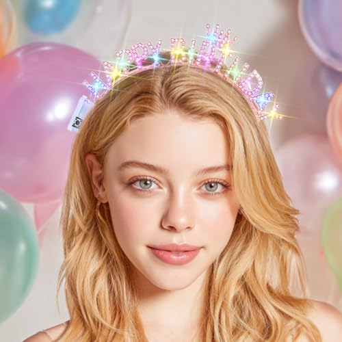 Uranian Light Up Birthday Headbands LED Rhinestone Halo Crown Silver Birthday Hairbands Brithday Hair Accessories for Women
